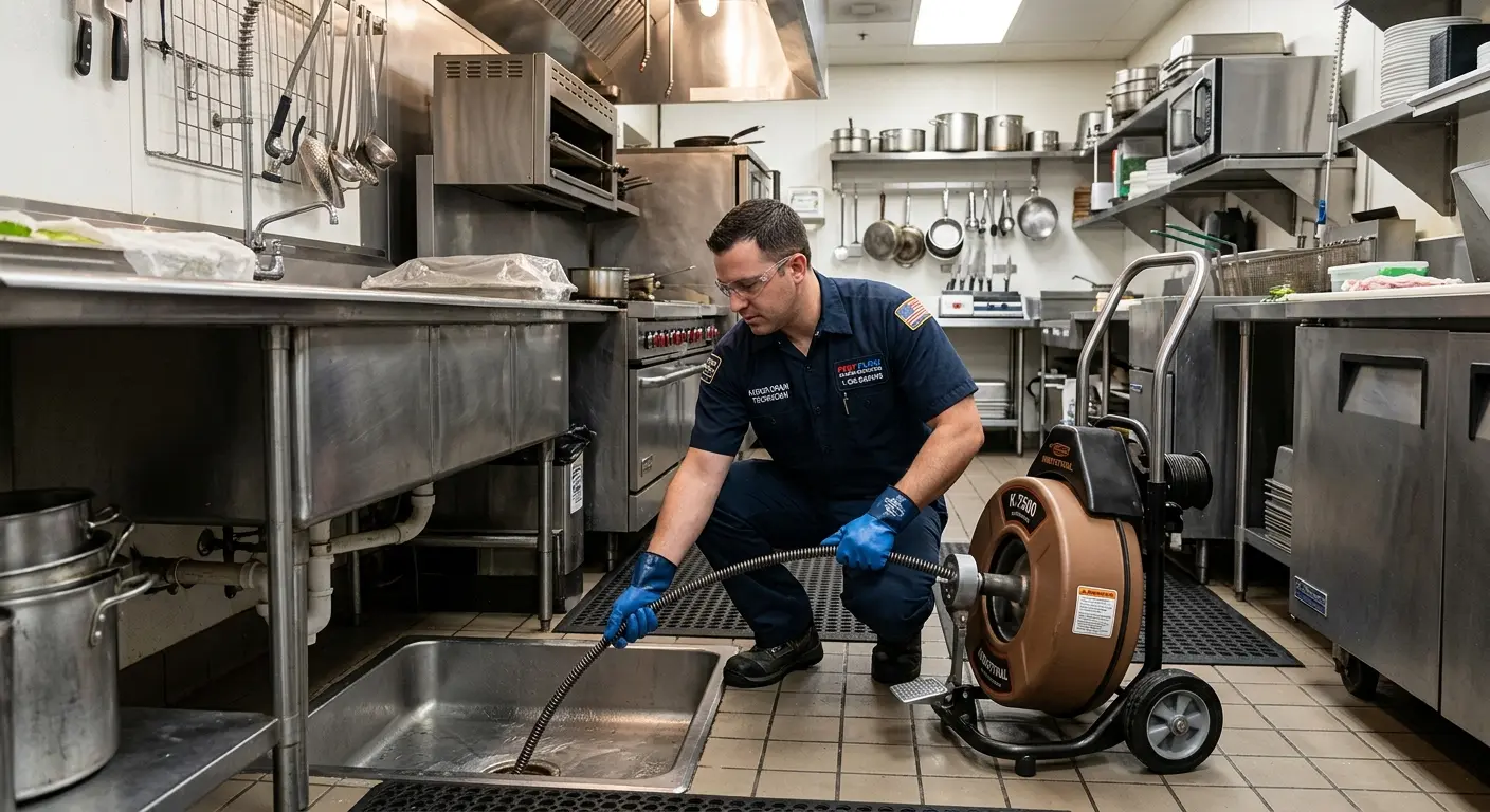 Commercial drain cleaning service in a restaurant kitchen in Gonzales