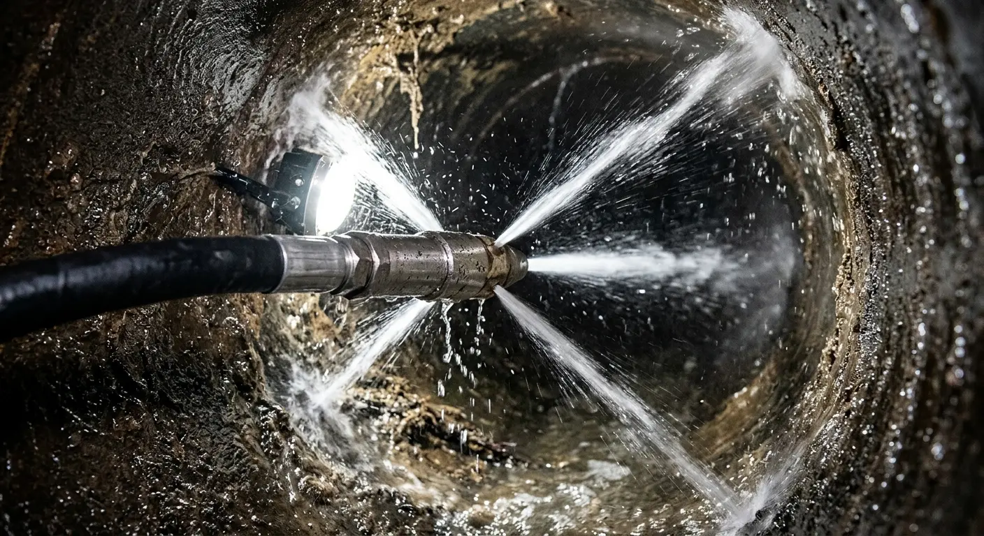High-pressure hydro jetting nozzle cleaning sewer pipe for Emergency Drain Service in Gonzales