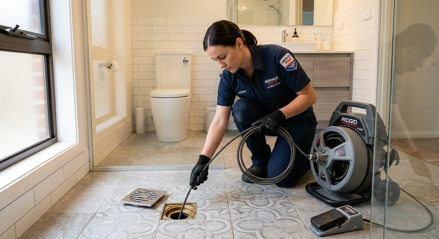Technician clearing a bathroom floor drain for Clogged Drain Repair in Gonzales